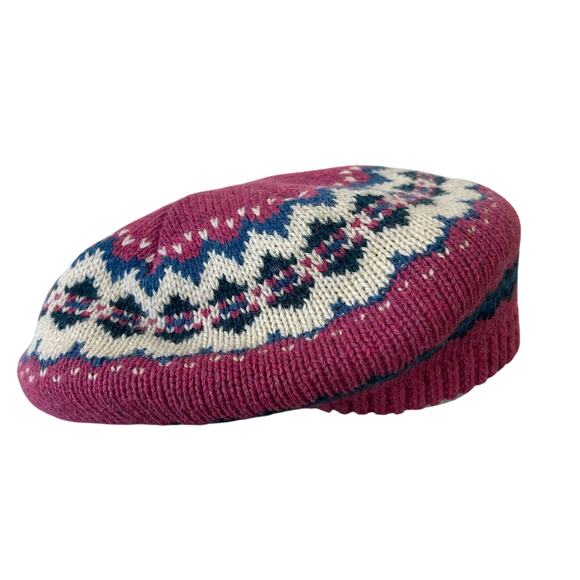 Vintage Eddie Bauer knit wool beret fair isle Nordic winter hat Cottagecore 90s - Picture 1 of 12